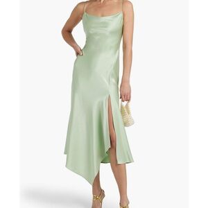 Green Midi Slip Dress with Spaghetti Straps and Slit for Cocktail